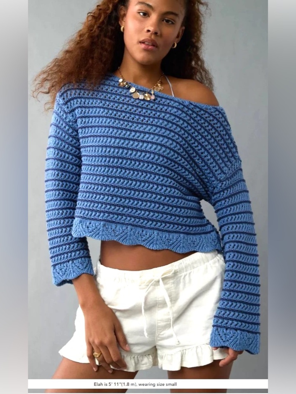 Small American Eagle Outfitters Blue Off-the-Shoulder Cropped Sweater Small